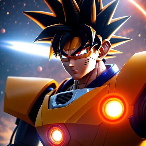 Prompt: Robot goku, Highly Detailed, Hyperrealistic, sharp focus, Professional, UHD, HDR, 8K, Render, HD, Trending on ArtStation, bokeh, outdoor, space, Dragonball, close up, evil, AI, Artificial Intelligence, Mecha,