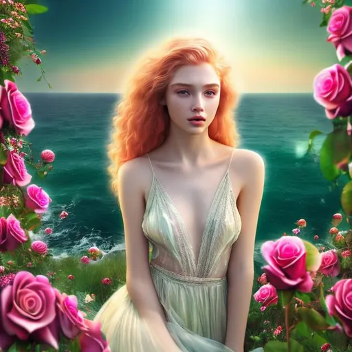 Prompt: HD 4k 3D 8k professional modeling photo hyper realistic beautiful young woman ethereal greek goddess of beauty love desire and pleasure
strawberry blonde hair gorgeous face light green shimmering dress full body surrounded by a heavenly glowing light hd enchanting landscape background of ocean seashells roses doves and sparrows 