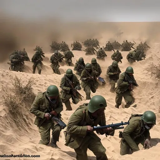 Prompt: guerilla warfare, trench warfare, desert, raid, convoy, scifi, army, large, sand storm