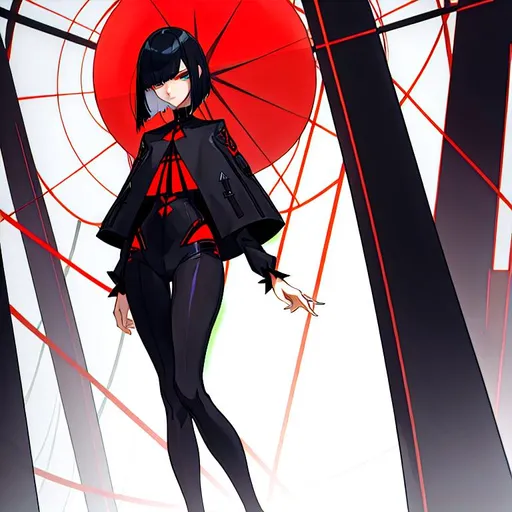 Prompt: a lonely AI boy, very tall, thick thighs, wide hips, long legs, slender arms, slender waist, big beautiful symmetrical eyes, intriguingly beautiful face, aloof expression, bob haircut with bangs, wearing Neo-Satanic Nihilism-Punk fashion clothes, high fashion, 12K resolution, hyper quality, hyper-detailed, hyper-realistic, hyper-professional