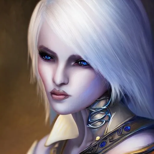 Prompt: Hyperrealistic female character, short white hair, drow, magical, fantasy, dungeons and dragons, blue skin, gold eyes