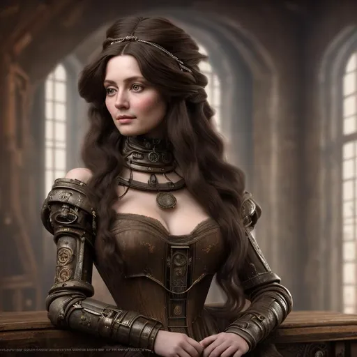 Prompt: A beautiful size 8 woman of the industrial age with long flowing dark hair sitting for a portrait with her in a highly detailed room 8k
