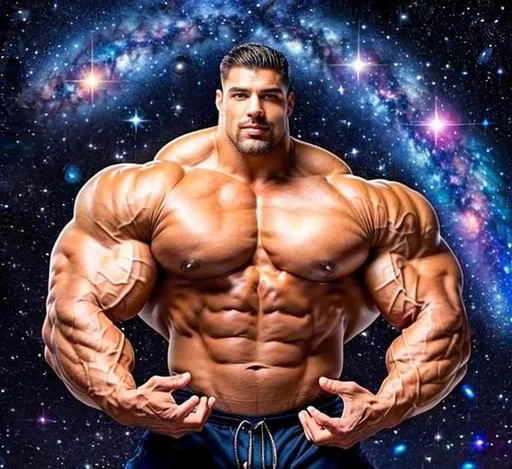 Prompt: handsome massively muscular giant celestial being made up of stars holding a galaxy plate
heroic bodybuilder, cartoonish muscle, giant muscles, immobilized by muscle