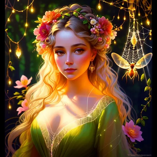 Prompt: front view painting of a beautiful girl, style of fragonard and Yoshitaka Amano (light hair with flowers, messy), ropes, ((forest background)), bioluminescent, (wearing intricate clothes), vines, delicate, soft, fireflies, spiders, spider webs, webs, silk, threads, ethereal, luminous, glowing, dark contrast, celestial, ribbons, trails of light, 3D lighting, soft light, vaporwave