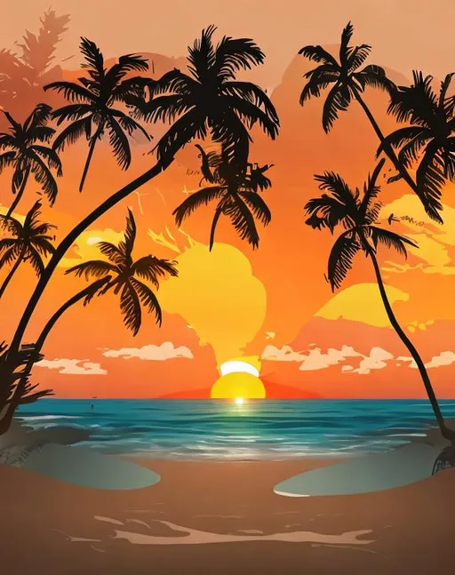 Prompt: Beach illustration with palm trees and sunset going down behind the sea straight ahead