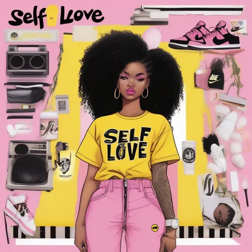 Prompt: Darksin girl, pink gloss, big black curly fro with two twists in the front, yellow tee with the words self love, army print cargo pants, yellow n white nike dunks, white coffin nails.