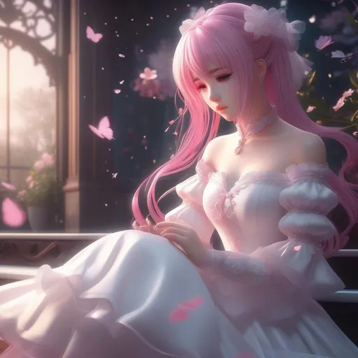 Prompt: 3d anime woman alone and sad pink hair and white dress and beautiful pretty art 4k full HD