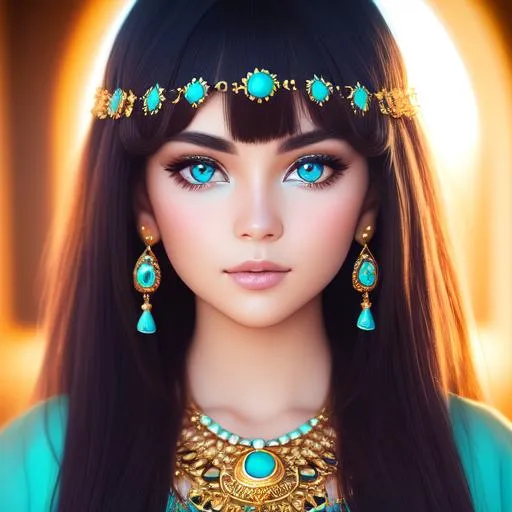 Prompt: Closeup face portrait of a {{{image}}}, smooth soft skin, big dreamy eyes, beautiful intricate colored hair, symmetrical, wide eyes, soft lighting, wearing gold and turquoise jewelry