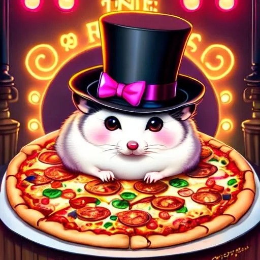 Prompt: fat round opossum wearing (((top hat and monocle))), fluffy, art style of sam yang and james jean! cute (((neon))) surrealism, pizza