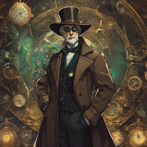 Prompt: there is a man in a hat and coat with a tie, benevolent android necromancer, eldritch journalist, lofi bioshock steampunk portrait, granny weatherwax, clockwork automaton, clockwork horror, sectoid, andrews esao artstyle, corvo attano, fallout 5 official art, eerie and grim art style