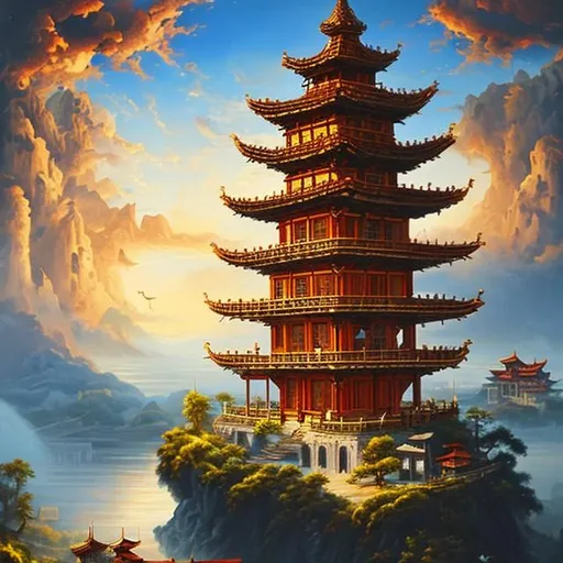 Prompt: A traditional European pagoda floating in the sky fantasy oil painting 