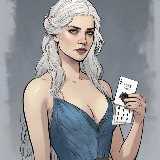 Prompt: Game of Thrones Female with shoulder-length white hair, No necklace, Lucious thicker lips, Intimidating blue eyes staring at her holding playcards, Member of House Arryn, wearing a translucent dress, dirty hair