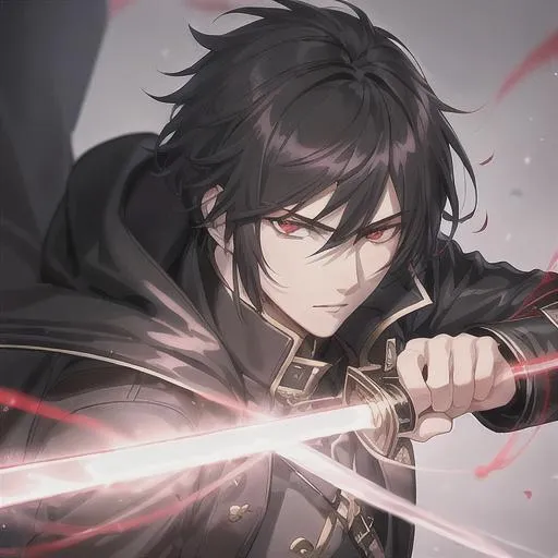 Prompt: Handsome young male, detailed and clear red eyes, a young anime man with short black fringe hair, wearing a black trenchcoat, shadows emanating from him, a cold expression, holding a black sword in, fantasy, clear sparkling red glowing eyes, red eyes, intricately detailed face, intricate, highly-detailed, ultrarealistic face, large landscape, mechanics, dramatic lighting, gorgeous face, lifelike, stunning, anime young man face, digital painting, large, artstation, illustration, concept art, smooth, sharp focus, highly detailed painting, looking at viewer, full body, photography, detailed skin, realistic, photo-realistic, 8k, highly detailed, full length frame, High detail, full body art, 