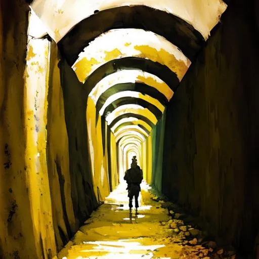 Prompt: someone visible at the end of a long tunnel