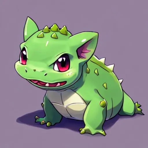 Prompt: HD, High Quality, 5K, Anime, Bulbasaur, small quadrupedal amphibian with green plant bulb on back,  blue skin with darker patches, It has red eyes with white pupils, pointed, ear-like structures on top of its head, and a short, blunt snout with a wide mouth. A pair of small, pointed teeth are visible in the upper jaw when its mouth is open. Each of its thick legs ends with three sharp claws. On Bulbasaur's back is a bright green circular plant bulb that conceals two slender, tentacle-like vines, which is grown from a seed planted there at birth. The bulb also provides it with energy through photosynthesis as well as from the nutrient-rich seeds contained within, forest, Pokémon by Frank Frazetta