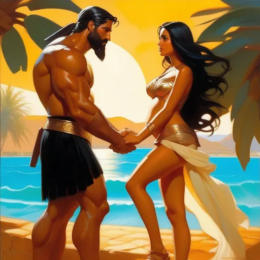 Prompt: King Leonidas impregnating Puerto Rican girl, pale olive skin, black hair, brown eyes, San Juan, sunny hot weather, warm atmosphere, cartoony style, extremely detailed painting by Greg Rutkowski and by Henry Justice Ford and by Steve Henderson 

