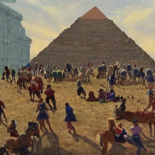 Prompt: many people building a giant pyramid. they use ponies to pull huge blocks. oilpainting.