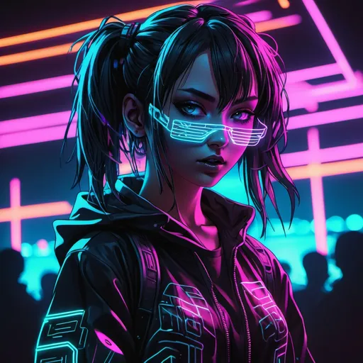 Prompt: Anime cyberpunk style, girl in a state of extacy at a rave, neon glow, highly detailed, HD, dark background with lazer lights