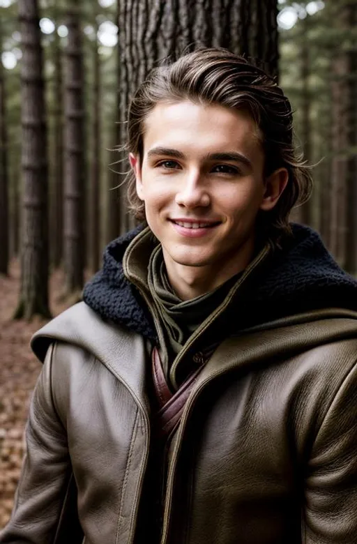 Prompt: a young man, cool white skin with olive undertones, small nose, flat chest, short styled hair, brown hair, grey eyes, wearing black leather gambeson with a wool cloak, white eyes, sunset, golden hour, moody woods, golden sun, fantasy, fantasy aesthetic, Tolkein, lord of the rings, beautiful, smiling, fully clothed, happy, blushing, cozy, moody, cute looking, masterpiece, nature, masterpiece, hd quality, 8k, detailed, high quality, high resolution