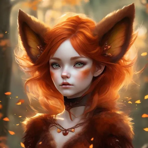 Prompt: Autumn fairy with coppery red hair and furry small foxy ears. Female human face, beautiful simetric face, eyes color amber, the female wearing a deep red dress, realistic, fantasy art, oval shaped face with less redness on the face