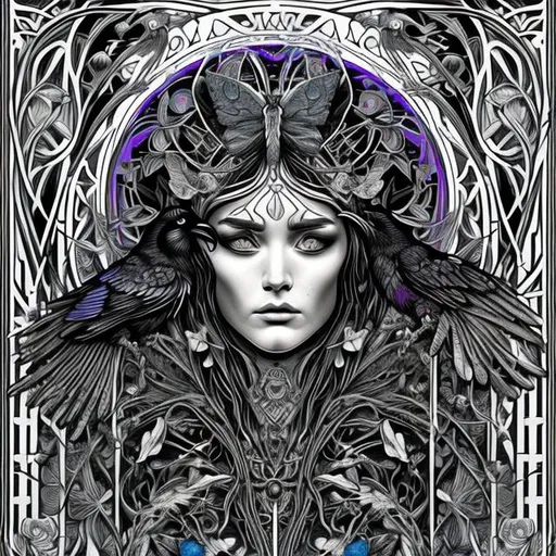 Prompt: ultra realistic coloring page with raven face goddess of death surrounded by dark blue and red butterfly's in art nouveau plus digital art style