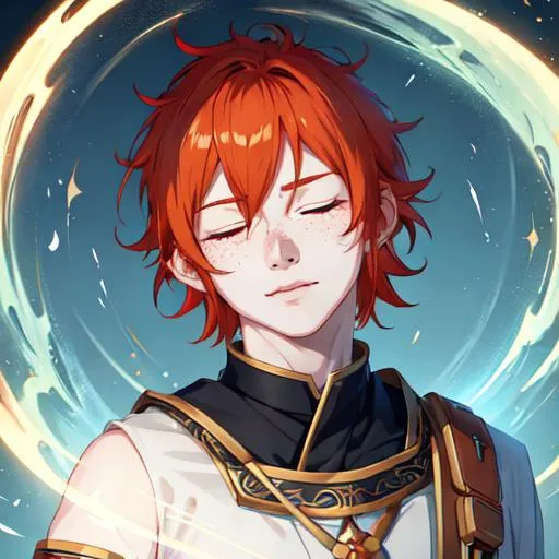 Prompt: Erikku male adult (short ginger hair, freckles, eyes closed) UHD, 8K, Highly detailed, insane detail, best quality, high quality,  anime style, 