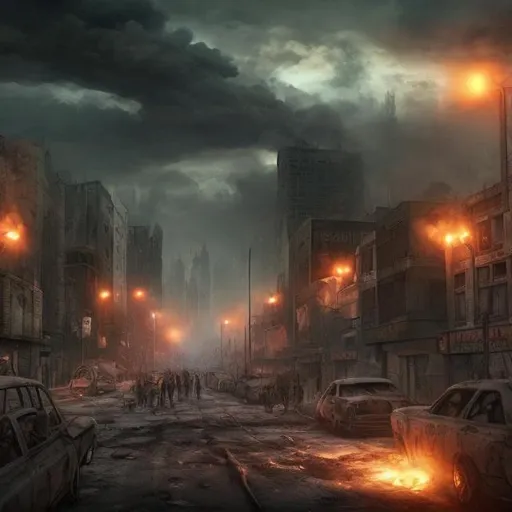 Prompt: post-apocalyptic city at night with fires and smoke everywhere zombie horde running after two men realistic 

