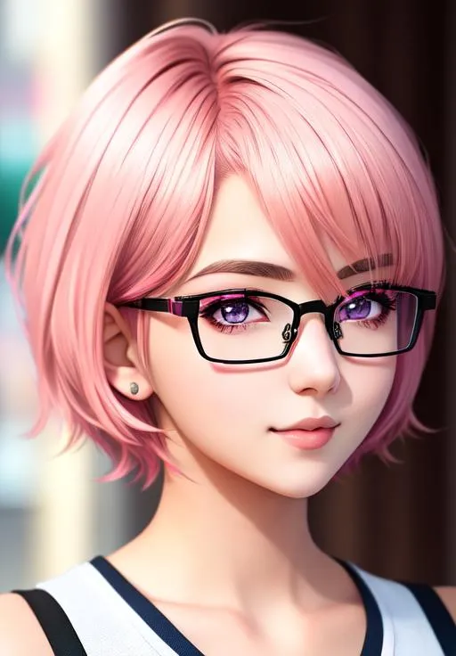 Prompt: Beauty 18 year old girl,anime,manga,eye glasses,cute,pink short hair,e-girl,64k,dynamic potrait,perfect composition,pretty eyes,