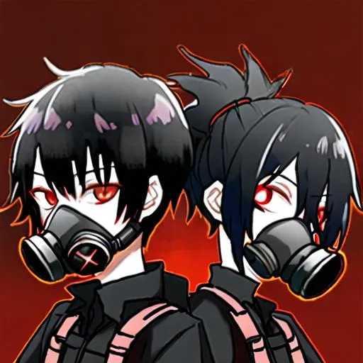 Prompt: Pyro  (black hair) (red eyes) wearing a dual respirator gas mask