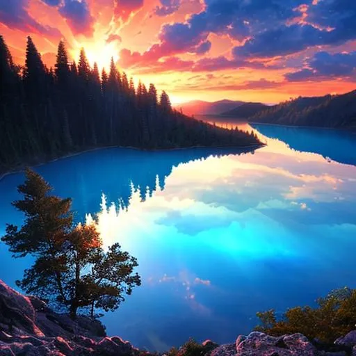 Prompt: blue lake,, evening, dreamcore, beautiful sunset with sunrays
