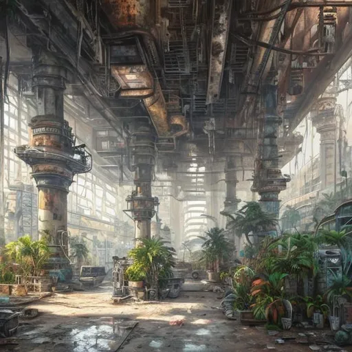 Prompt: White futuristic old rusty city building interior in futuristic style with lot of plants hiper-realistic oil paint         