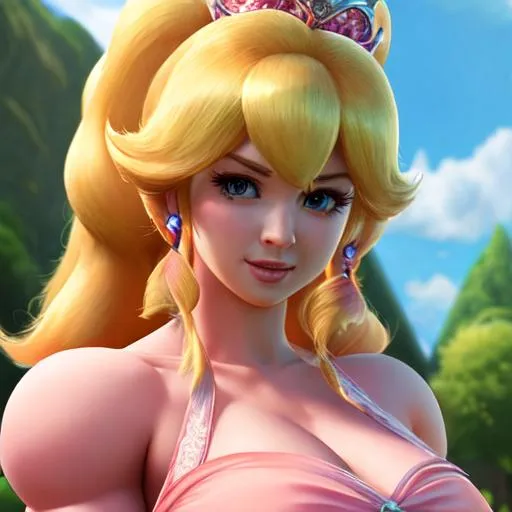 Prompt: hyper realistic 4d, engine unreal, realistic illustration, super detailed beautiful face, large muscles, fully body shot of princess peach wearing dress in marioland