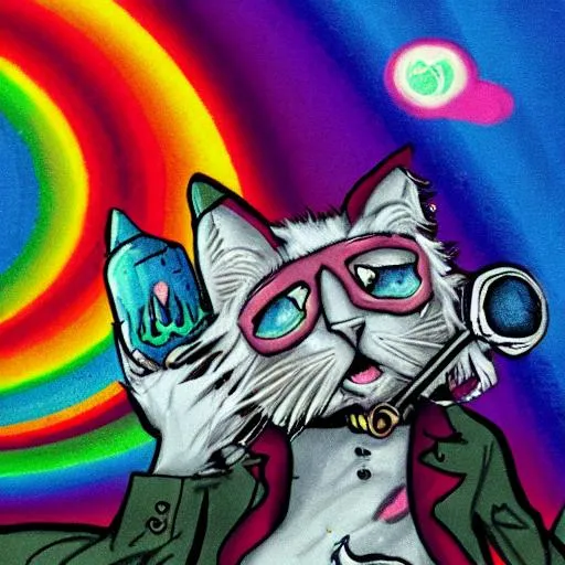 Prompt: Zombie wizard cat smoking a joint behind a rainbow unrealistic 80s 