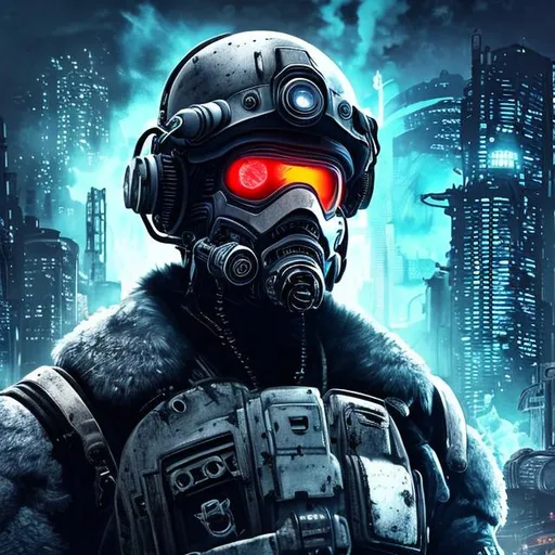 Prompt: cyber punk navy sailor with one pair of goggles on its forehead with a black and grey background. angry glowing white eyes. Full portrait. Fur. Gears of war carmine style helmet. Burning city in the background. symmetrical face. blue fur collar