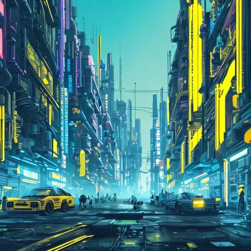 Prompt: Yellow and ultramarine blue cyberpunk city