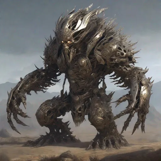 Prompt: Massive, vaguely humanoid elementals composed of metal debris, decorated and augmented metallic body with haphazardly placed spikes, blades, humanoid or bestial skulls, and other similar adornments