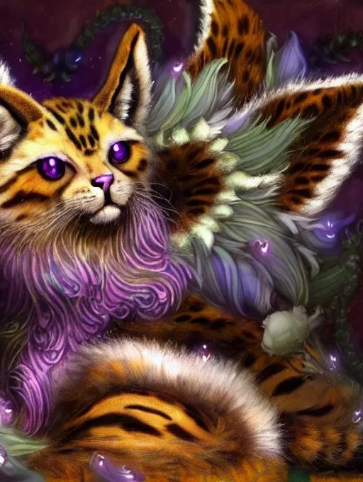 Prompt: a bejewelled felinoid fursona with soft downy facial fur, blue, lavender, mauve, cream, brown eyes, white and cream striped fine, whispy body fur, calico-Influence, white luminescent biomorphic glistening wings, in the style of Donato Giancola, Amanda Sage, in flower garden, darkness, glowing magical flowers, moonlight, low volumetric glowing fog, background theme glowing stars, epic, painted, fantasy, beautiful rich deep colors, in the style of Android Jones, Jean Tinguely, dynamic lighting volumetric lighting , occlusion, 128K UHD Unreal Engine 5