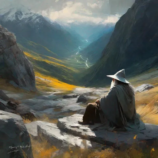 Prompt:  scene from Lord of the rings gandalf the grey sitting on a stone and 
 towards Frodo Beutlin  in backround the montains
masterpiece, textured Speedpaint with large rough brush strokes and paint splatter by Jeremy Mann, Carne Griffiths, Junji Ito, Robert Oxley, Ismail Inceoglu, masterpiece, trending on artstation, particles, oil on canvas, highly detailed fine art, ink painting, hyperrealism | Pixar gloss | polished, Anato Finnstark | Android Jones | Darek Zabrocki, Boris Vallejo, David Palumbo, Donato Giancola, Frank Frazetta, colorful, deep_color vibrant, John Stephens, Jordan Grimmer, John Howe, Julie Bell, Mark Brooks, Dan Mumford | comicbook art | perfect_concept art | 3D shading | bright_colored background radial gradient background | cinematic Reimagined by industrial light and magic fairy_home!, centered, acrylic painting, trending on pixiv fanbox, palette knife and brush strokes, style of makoto shinkai jamie wyeth james gilleard edward hopper greg rutkowski studio ghibli genshin impact, perfect composition, beautiful detailed intricate insanely detailed octane render trending on artstation, 8 k artistic photography, photorealistic concept art, soft natural volumetric cinematic perfect light, chiaroscuro, award - winning photograph, masterpiece, oil on canvas, raphael, caravaggio, greg rutkowski, beeple, beksinski, giger