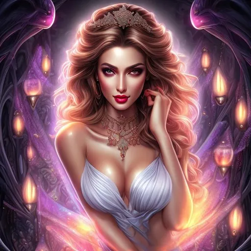 Prompt: HD 4k 3D 8k professional modeling photo hyper realistic beautiful demon woman ethereal greek goddess of pleasure
light gray hair hazel eyes gorgeous face brown skin shimmering harem dress jewelry diadem full body tattoo surrounded by magical glowing light hd landscape background hedonist harem room with pillows grapes and lamps