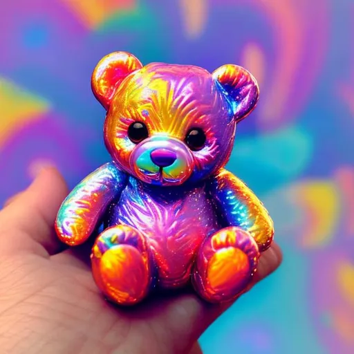 Prompt: Miniature teddy bear in the style of Lisa frank