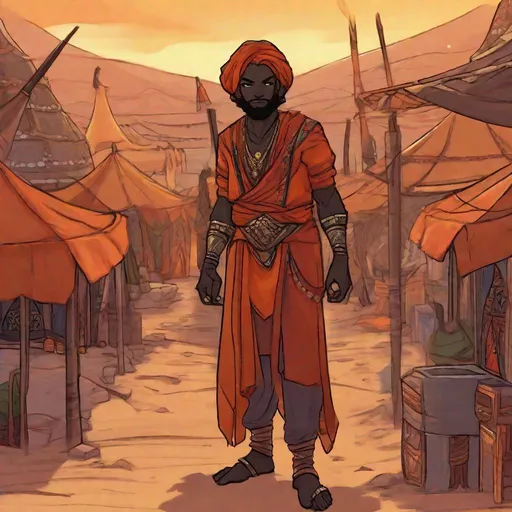 Prompt: a cute ifrit jinn in arab garments. In background a tents village.  Changeling the Dreaming art. Rpg art. 2d art. 2d. well draw face. Detailed. 