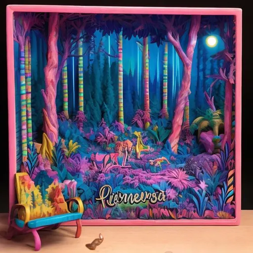 Prompt: Lisa frank style forest at night diorama