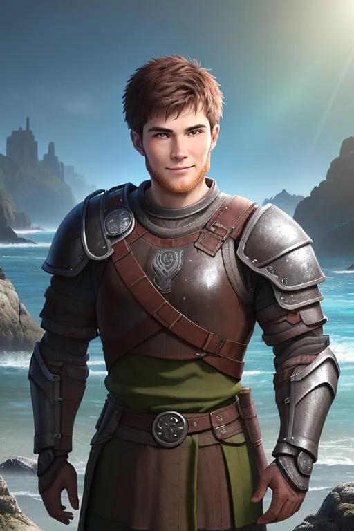 Prompt: Digital art, ((bright colors)) (((DreamShaper Version 1))), a 21-year-old viking man, subtle smile, round head, round face, short dark brown hair, brown hair, muscular, vibrant village, lots of sunlight, green gear, silver armor, light green eyes, Tidal Class seal on chest armor, unreal engine 8k octane