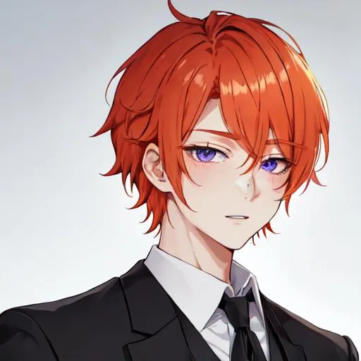 Prompt: Erikku 1male (short ginger hair, freckles, right eye blue left eye purple) wearing black suit at a wedding