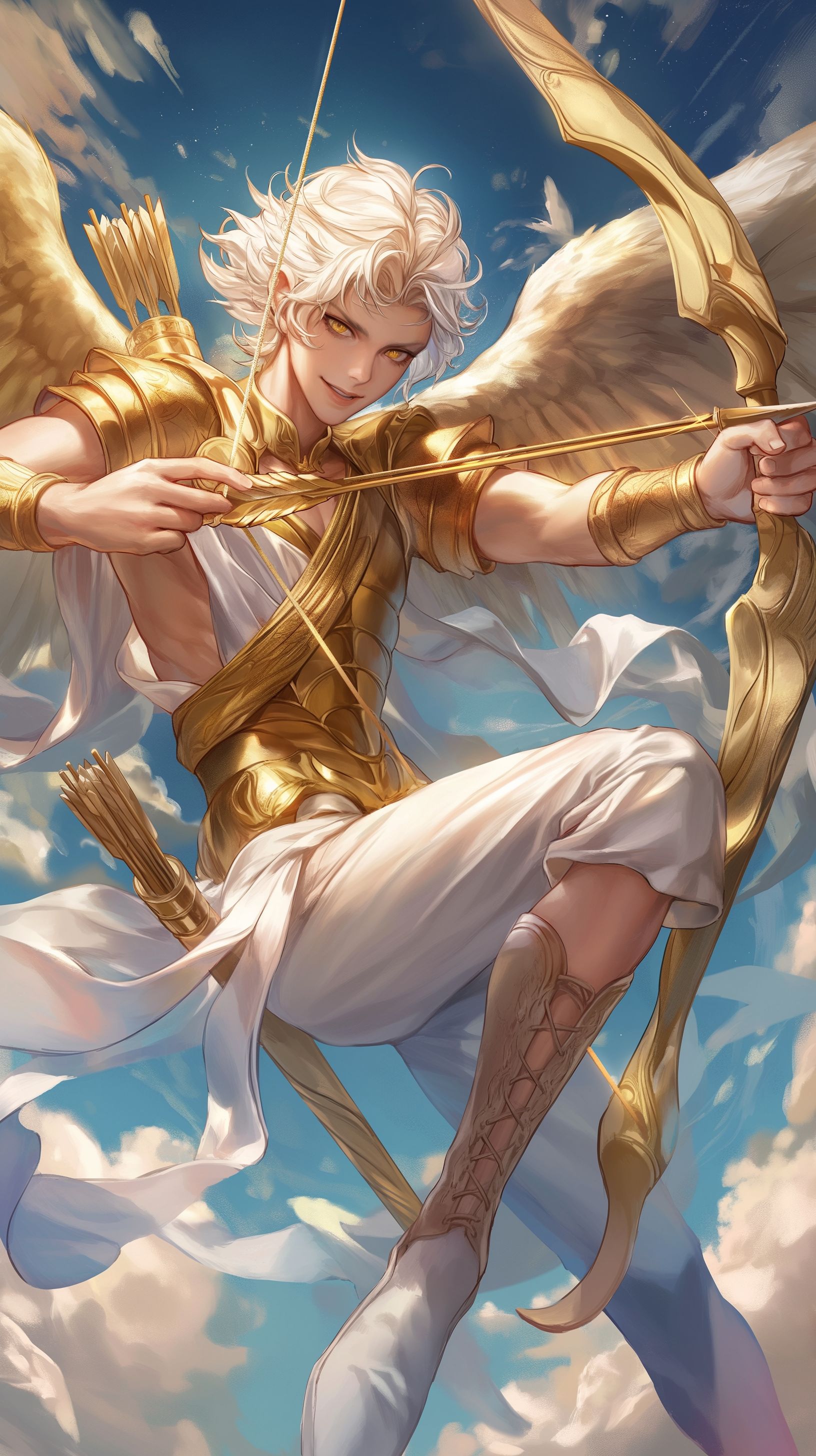 Prompt: a bronze cupid with golden loincloth, an ornate golden bow and arrow, bright golden white hair, glowing yellow eyes, chizzled, form fitting, handsome, bronze god, leather lace up shoes of the god, smirk, puffy half open lips, looking at viewer with half closed s eyes, splayed out on clouds comfortably --ar 9:16 --niji 6 