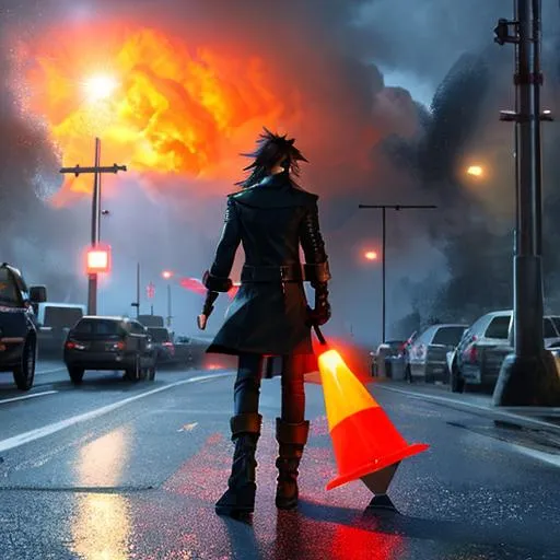 Prompt: A very dramatic portrait of Squall from Final Fantasy being watched by a traffic cone, dramatic lighting, fiery background