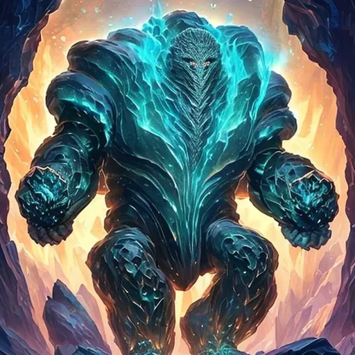 Prompt: Crystalling Golem' that embodies a powerful and majestic creature made of crystal. The artwork should depict the golem in a grand and imposing pose, emanating a dazzling glow from its crystalline body. The card's design should capture the essence of its formidable strength, while also conveying a sense of elegance and mystique. Feel free to explore unique crystal patterns and incorporate elements of the surrounding environment to enhance the card's visual impact."