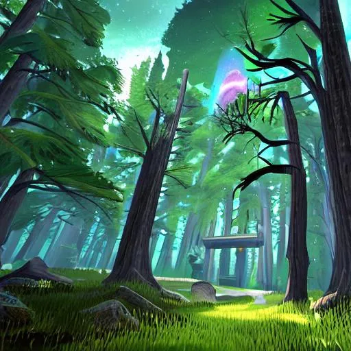 Prompt: borealis forest landscape with a path and tall trees in the style of a video game on the Nintendo switch