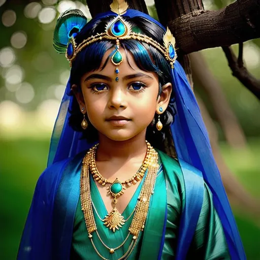 Prompt: Blue skin, A night, A 10 year old cute boy under a tree, Peacock feather crown, black wide eyes, straight dark eyebrows, long lips like rose petals, no shirt robes like ancient Indian prince, Golden large Indian stylish neckless which is decorated by gold and emerald and rubies and it brights

 large Indian ancient time's golden flowing ear-rings in ears, curly hair, the boy's hair reach the shoulders, simple peacock feather crown on head which has 3 big peacock feathers exact middle of the crown, there are divine lights around the boy.

A golden crown it has real 3 peacock feathers. Sitting under a wide mango tree a Big moon night.