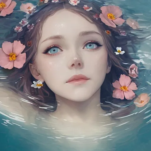 Prompt: Ophelia drowning eyes open, flowers in water,facial closeup